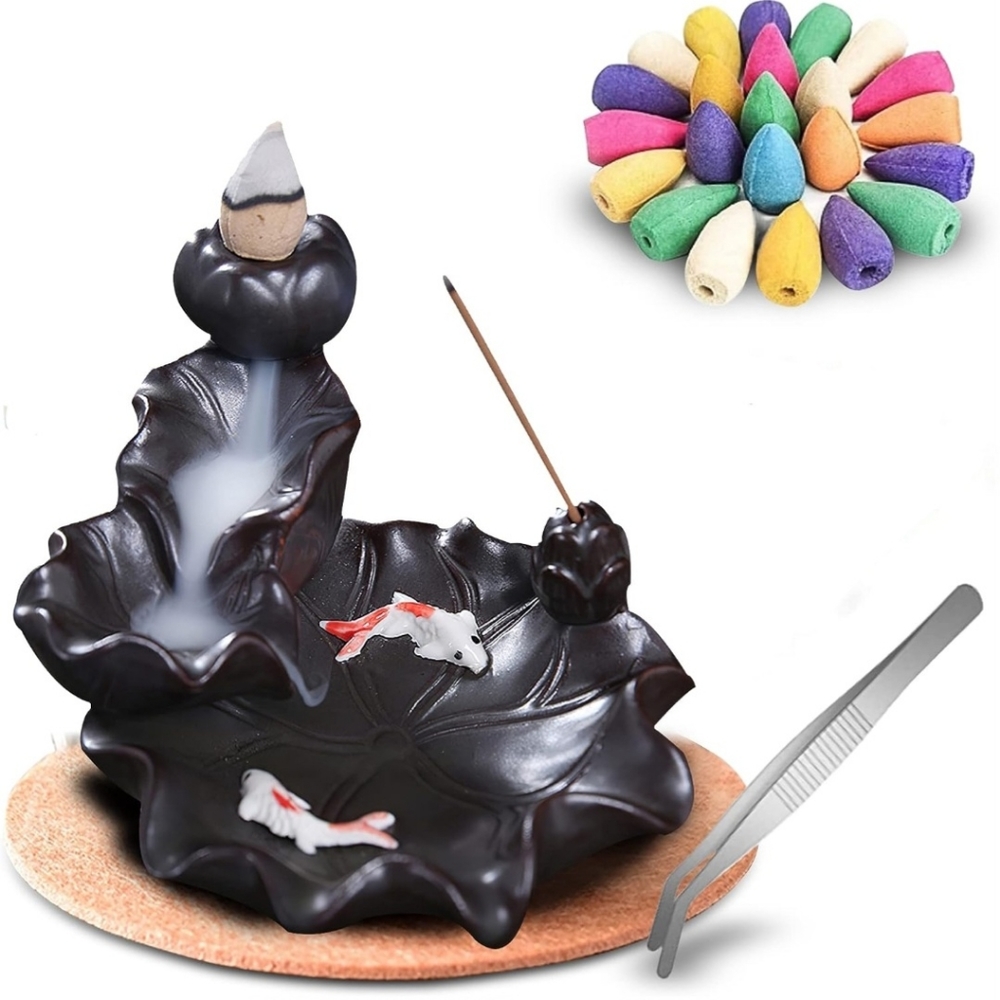 Incense Waterfall Burner Set Koi Lotus Pond With Incense Stones Mat Tweezer NEW